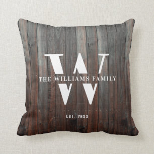 Modern Rustic Monogram Familienaam  Hout Kussen