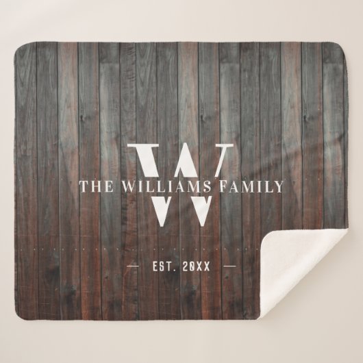 Modern Rustic Monogram Familienaam  Hout Sherpa Deken (Voorkant (horizontaal))