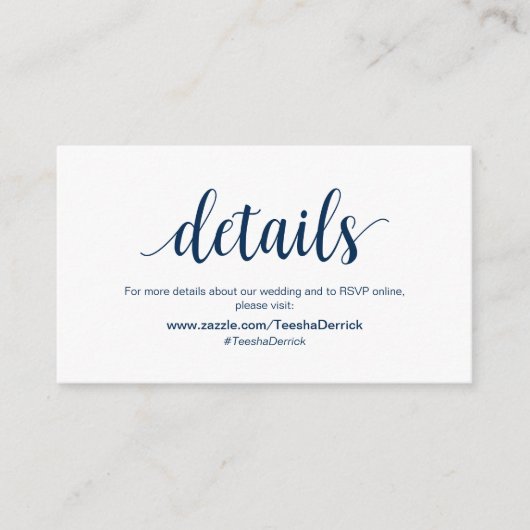 Modern Rustic, Navy Blue, bruiloft Details, RSVP Informatiekaartje (Voorkant)