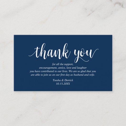 Modern Rustic Navy Blue Script, bruiloft Dank je Informatiekaartje (Voorkant)