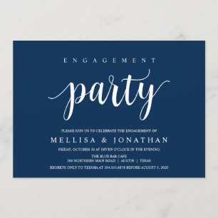 Modern Rustic, Navy Blue Script, Engagement Party Kaart