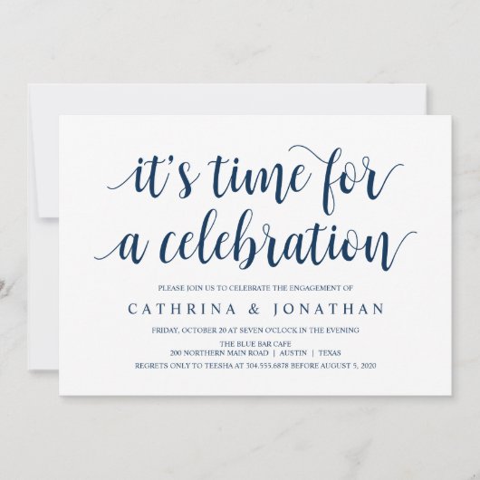 Modern Rustic, Navy Blue script, Engagement Party Kaart (Voorkant)