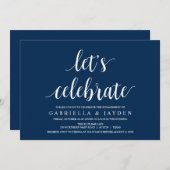 Modern Rustic, Navy Blue script, Engagement Party Kaart (Voorkant / Achterkant)