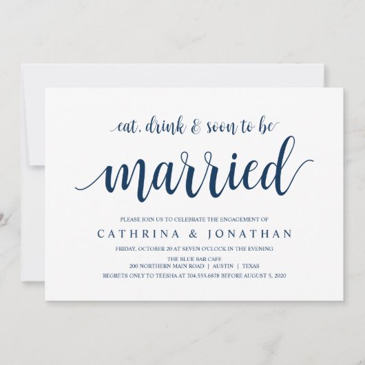 Modern Rustic, Navy Blue script, Engagement Party Kaart (Voorkant)