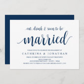 Modern Rustic, Navy Blue script, Engagement Party Kaart (Voorkant / Achterkant)
