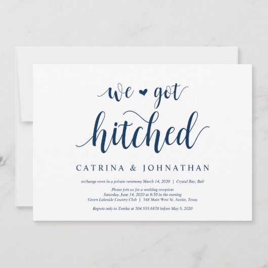 Modern Rustic, Navy Blue script, Wedding Elopement Kaart (Voorkant)