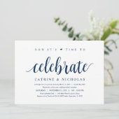 Modern Rustic, Navy Blue Script, Wedding Elopement Kaart (Staand voorkant)