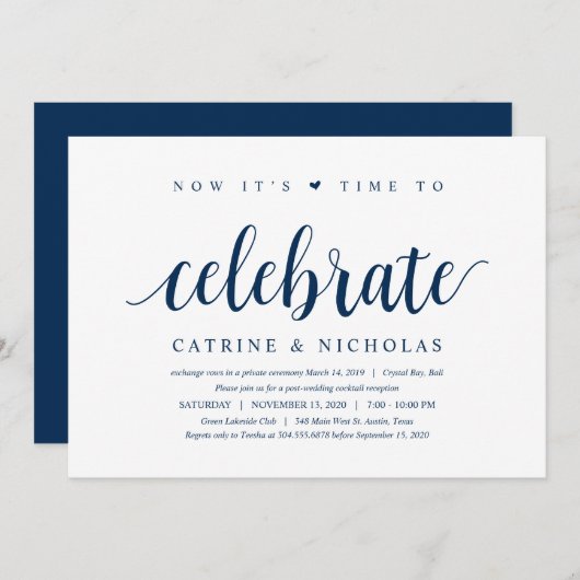 Modern Rustic, Navy Blue Script, Wedding Elopement Kaart (Voorkant / Achterkant)