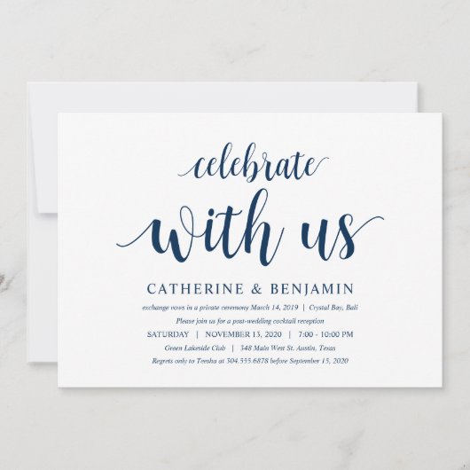 Modern Rustic, Navy Blue Script, Wedding Elopement Kaart (Voorkant)