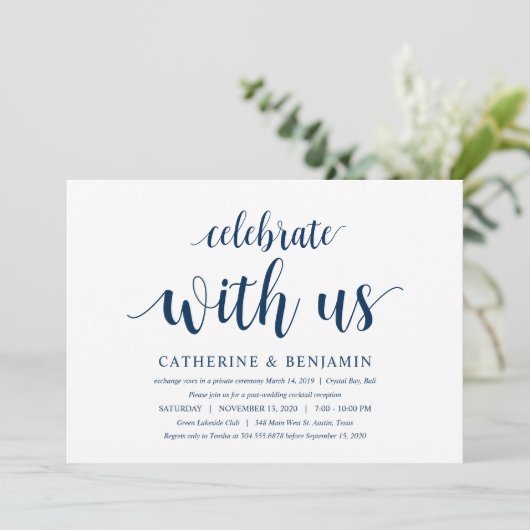 Modern Rustic, Navy Blue Script, Wedding Elopement Kaart (Staand voorkant)