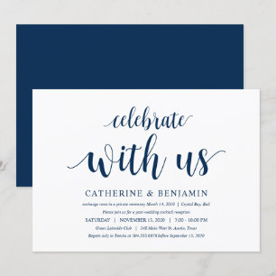 Modern Rustic, Navy Blue Script, Wedding Elopement Kaart