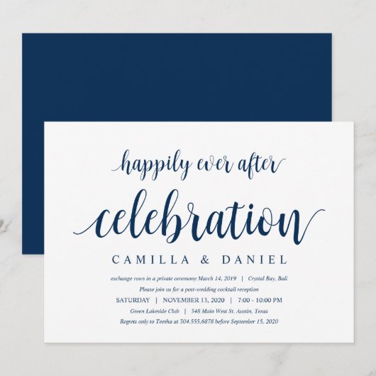 Modern Rustic, Navy Blue Script, Wedding Elopement Kaart (Voorkant / Achterkant)