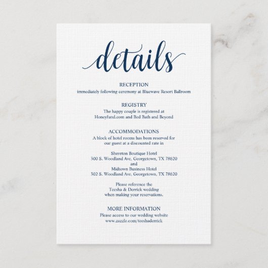Modern Rustic Navy Wedding Details Kaart (Voorkant)