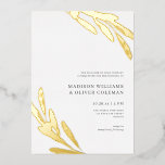 Modern Rustic Olive Branch Wedding REAL Folie Uitnodiging<br><div class="desc">Dit ontwerp van de uitnodiging voor een trouwe bruiloft kenmerkt rustige olijftakken in gouden folie, een eenvoudige witte achtergrond en een ondermaatse typografie. Dit elegante, maar moderne design is een geweldige keuze voor veel soorten gebeurtenissen, van minimalistisch tot boho. Het zou perfect zijn voor een buitenbruiloft of vrijgezellenfeest. U kunt...</div>