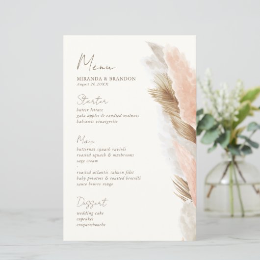 Modern Rustic Pampas Grass Wedding Menu Card (Staand voorkant)