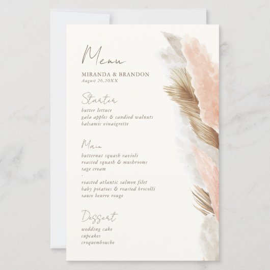 Modern Rustic Pampas Grass Wedding Menu Card (Voorkant)