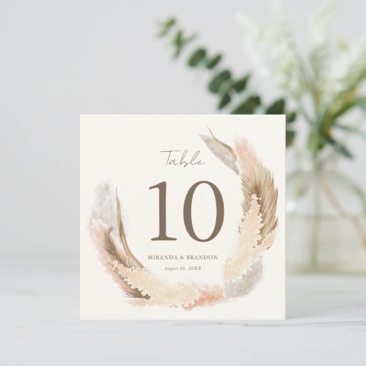 Modern Rustic Pampas Grass Wedding Table Number Kaart (Staand voorkant)