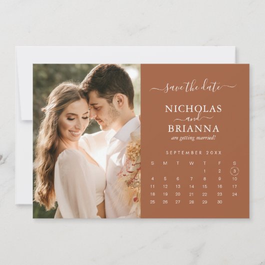 Modern Rustic Photo Calendar Terracotta Wedding Save The Date (Voorkant)