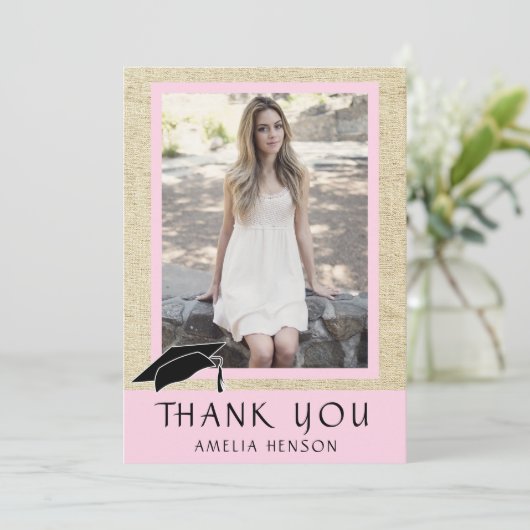 Modern Rustic Pink Photo Afstuderen Bedankkaart (Staand voorkant)