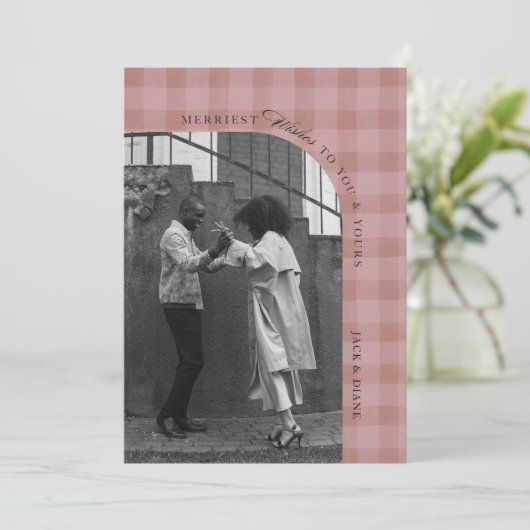 Modern Rustic Plaid Holiday Photo Card Personalize Kaart (Staand voorkant)