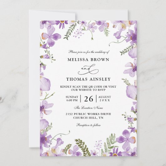 Modern Rustic Purple Flower Budget QR Code Wedding Kaart (Voorkant)