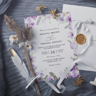 Modern Rustic Purple Flower Budget QR Code Wedding Kaart