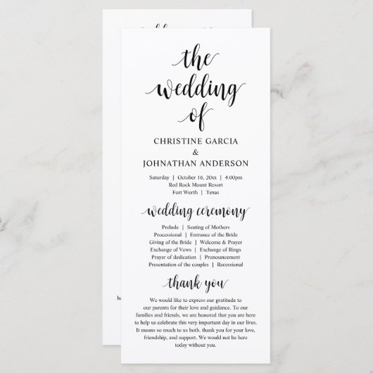 Modern rustic script, Wedding Ceremony Program Programmakaart (Voorkant / Achterkant)