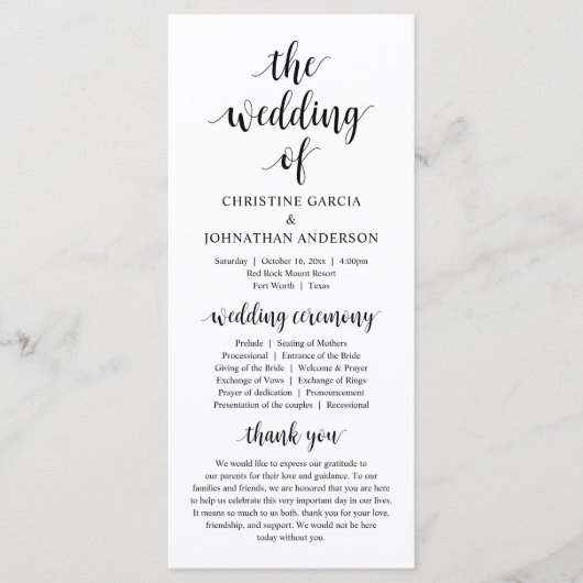 Modern rustic script, Wedding Ceremony Program Programmakaart (Voorkant)