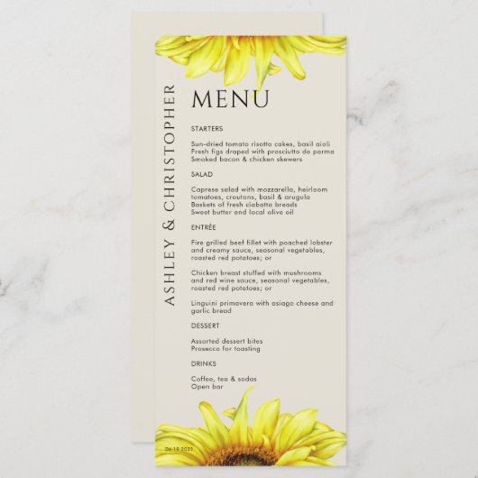 Modern Rustic Sunflower Wedding Menu (Voorkant / Achterkant)