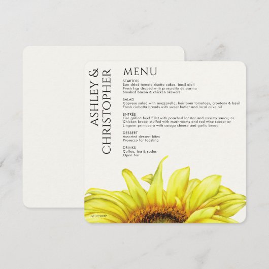 Modern Rustic Sunflower Wedding Menu (Voorkant / Achterkant)
