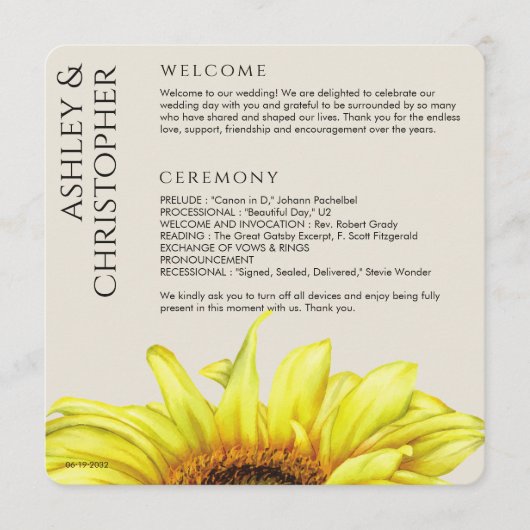 Modern Rustic Sunflower Wedding Programmakaart (Voorkant)