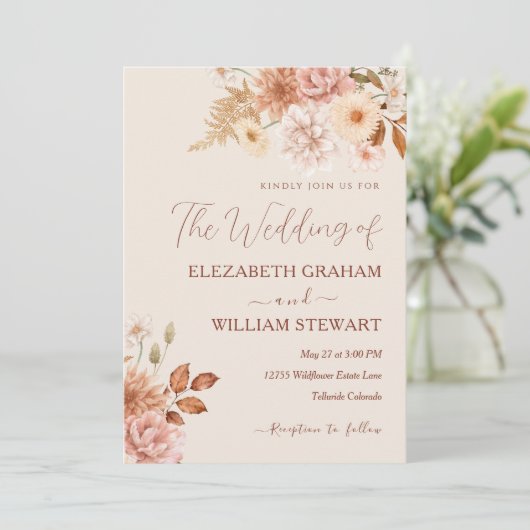 Modern Rustic Terracotta Boho Herfst Foliage Weddi Kaart (Staand voorkant)