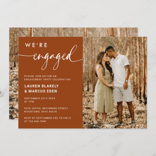 Modern Rustic Terracotta Photo Engagement Party Kaart (Voorkant / Achterkant)