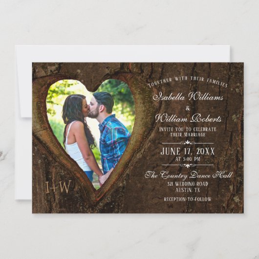 Modern Rustic Tree Heart Photo Wedding Kaart (Voorkant)