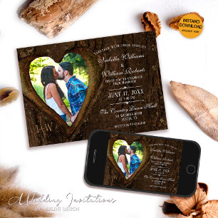 Modern Rustic Tree Heart Photo Wedding Kaart