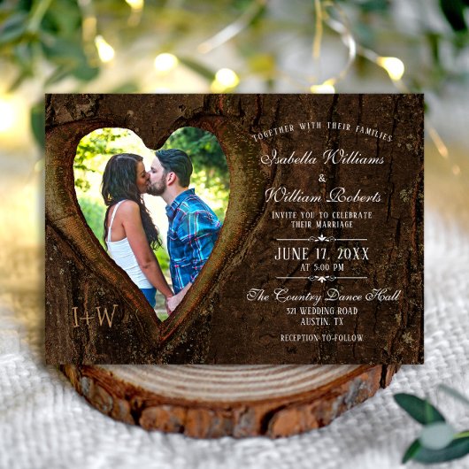 Modern Rustic Tree Heart Photo Wedding Kaart