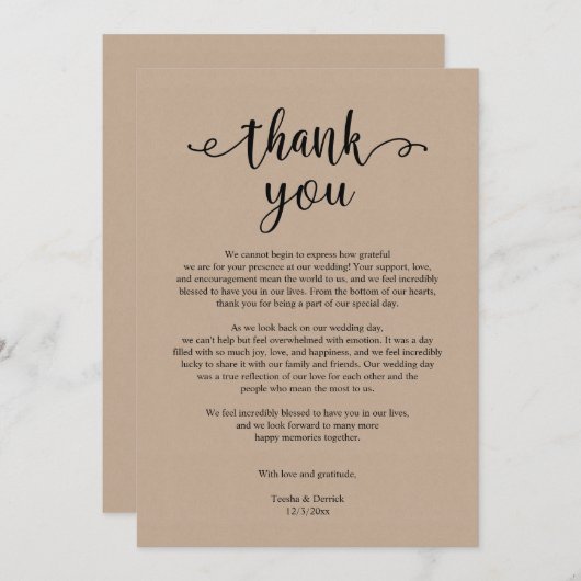 Modern Rustic Wedding Dank je, Brown Kraft Kaart (Voorkant / Achterkant)
