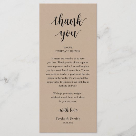 Modern Rustic Wedding Dinner Thank You Card Programmakaart (Voorkant)