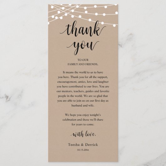 Modern Rustic Wedding Dinner Thank You Card Programmakaart (Voorkant)