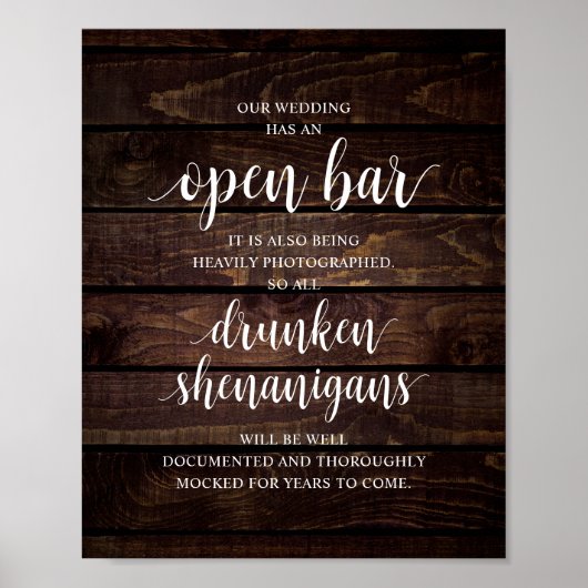 Modern Rustic Wedding Open Bar Drunken Shenanigans Poster (Voorkant)