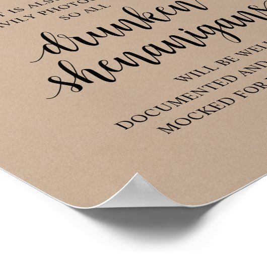 Modern Rustic Wedding Open Bar Drunken Shenanigans Poster (Hoek)