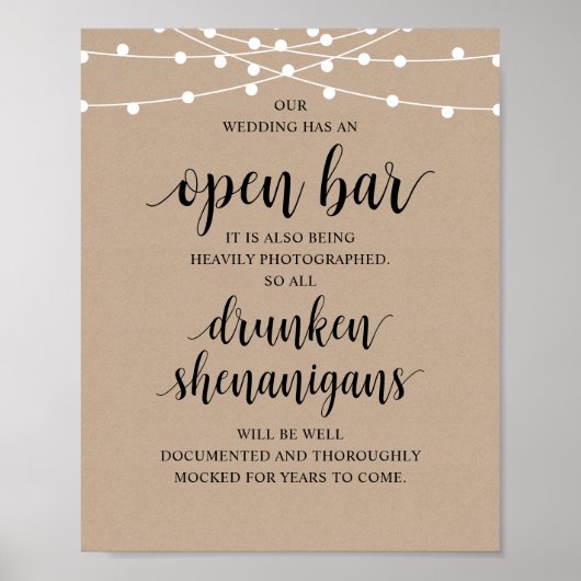 Modern Rustic Wedding Open Bar Drunken Shenanigans Poster (Voorkant)