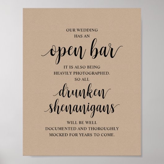 Modern Rustic Wedding Open Bar Drunken Shenanigans Poster (Voorkant)