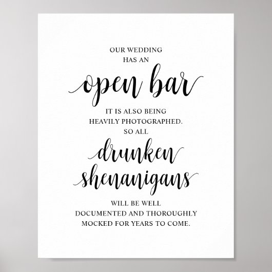 Modern Rustic Wedding Open Bar Drunken Shenanigans Poster (Voorkant)