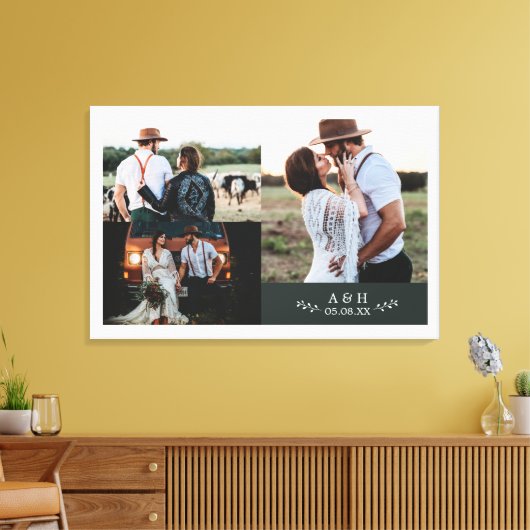 Modern Rustic Wedding Photo Collage Leaf Monogram Canvas Afdruk (Insitu (Woonkamer))