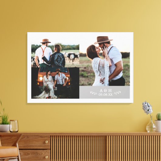Modern Rustic Wedding Photo Collage Leaf Monogram Canvas Afdruk (Insitu (Woonkamer))