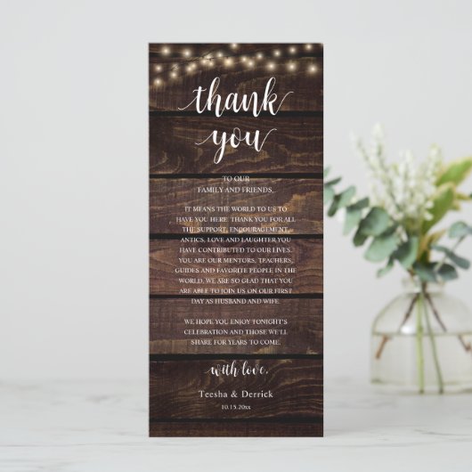 Modern Rustic Wedding Reception Thank You Card Programmakaart (Staand voorkant)