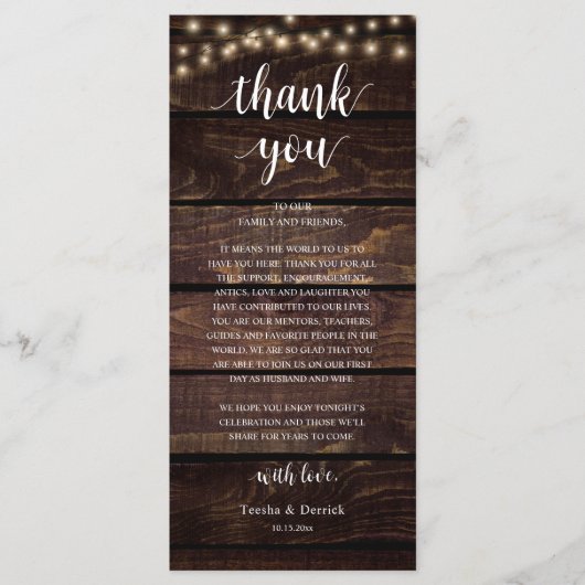 Modern Rustic Wedding Reception Thank You Card Programmakaart (Voorkant)