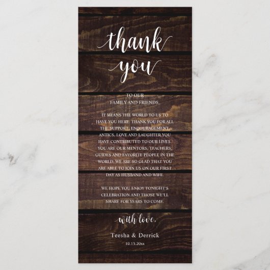 Modern Rustic Wedding Reception Thank You Card Programmakaart (Voorkant)