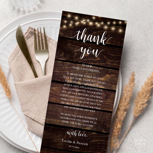 Modern Rustic Wedding Reception Thank You Card Programmakaart